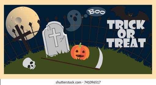 Trick or treat halloween poster with icons of skull and cemetery, moon and fence, ghost and pumpkin on vector illustration isolated on white
