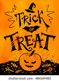 Trick or Treat Halloween poster with pumpkin and candies on orange background.