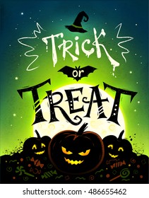 Trick or Treat Halloween poster with pumpkins, full moon and candies on green background.