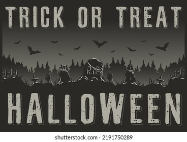 Trick or treat halloween poster with scary forest and cemetery