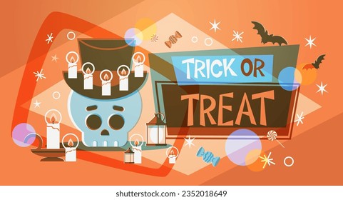 Trick or treat Halloween poster. Skull in a top hat with. Retro vector illustration
