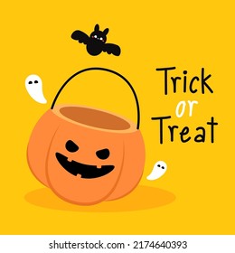 Trick or treat. Halloween pumpkin basket. Jack o lantern Bowl. Flat style vector illustration.