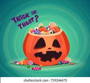 Trick or Treat. Halloween pumpkin bucket with candy.