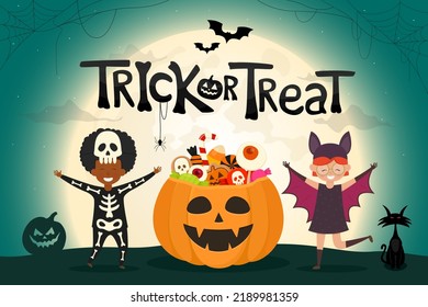 Trick or Treat. Halloween pumpkin with candies. Halloween kids costume party. Spooky night landscape. Vector illustration.