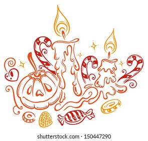 Trick or Treat. Halloween pumpkin with candles and sweets.