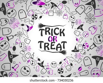 Trick or treat halloween purple and black elements on silver background. Vector illustration  EPS 10.