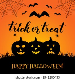 Trick or Treat Halloween quote hand lettering with pumpkins, bats, spiders and web. Easy to edit vector template for greeting card, banner, typography poster, party invitation, postcard, etc.