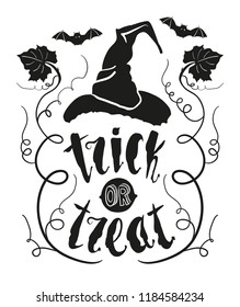 Trick or treat halloween quote with pumpkin leaf and witch hat isolated on white chalkboard background. Hand drawn. For halloween celebrations, greeting cards
