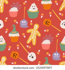 Truque ou Trate o Halloween padrão sem costura com doces assustadores desenhados à mão. Chupa-chupa, pão de gengibre, milho doce e bolinhos. Design de impressão bonito para Halloween em fundo vermelho