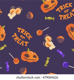 Trick or treat. Halloween seamless pattern. Vector hand drawn illustration with pumpkins, candles and sweets