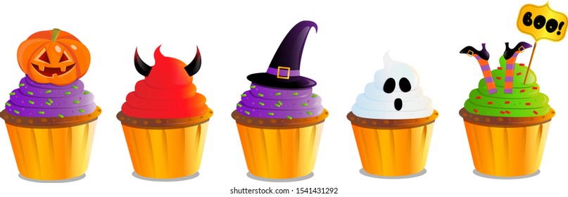 
Trick or treat halloween set of cute spooky cakes in the form of pumpkin, devil horns, witch hat, ghost and witch boots. Elements are isolated on a white background. Funny vector illustration.