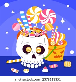 Trick or treat halloween skull and pumpkin basket with sweets and scary candies.