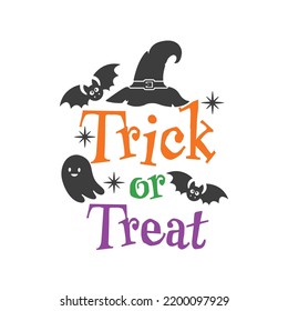 Trick or Treat Halloween slogan inscription. Vector baby quotes. Illustration for Halloween for prints on t-shirts and bags, posters, cards. Isolated on white background.	