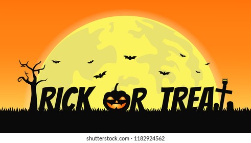 Trick or Treat Halloween with smile pumpkin devil in graveyard on full moon background