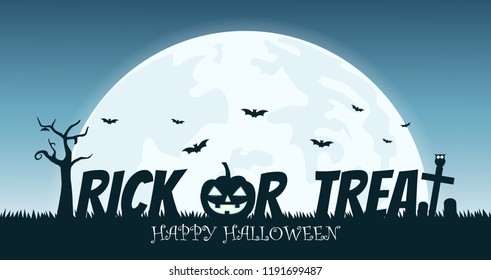 Trick or Treat Halloween with smile pumpkin devil in graveyard on full moon background