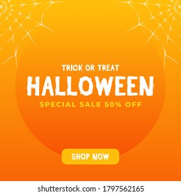 Trick or Treat Halloween Special Sale 50% off modern sale banner, sign, design concept, graphic, social media post with white text on a orange abstract background. 