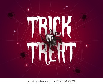 Trick or treat Halloween spiders and cobweb vector holiday banner. Burgundy background with spooky and intricate spiderweb, sparks and crawling insects. Card for eerie trick-or-treat festivities