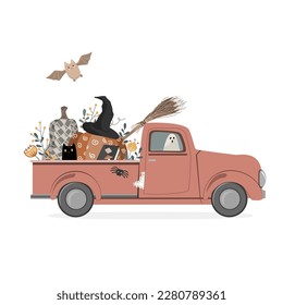 Trick or Treat Halloween Spooky Red Pick-up Vector. Cute characters bat, cat, pumpkin, broom, and ghost. Halloween Party isolated design element illustration. Holiday fun vector invitation background