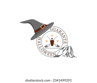 Trick or Treat halloween stamp on a white background. hat, potion bottle, broom, isolate circle.