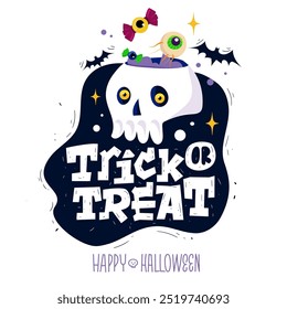 Truco o trato. Pegatina de Halloween. Vector ilustración de dibujos animados. Cráneo, murciélago y dulces.