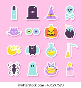 Trick or Treat Halloween Stickers. Flat Style Vector Illustration. Halloween Party Objects in Trendy Colors. 