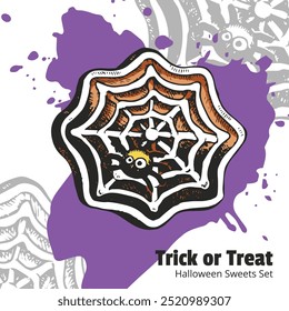 Trick or Treat Halloween Style Sweets Set. Colorful pastries, ginger cookies and sweets on white background. Engraved style vector artwork. Funny illustration for cafe menu, ads, poster.