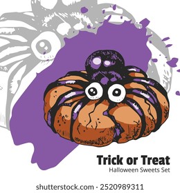 Trick or Treat Halloween Style Sweets Set. Colorful pastries, ginger cookies and sweets on white background. Engraved style vector artwork. Funny illustration for cafe menu, ads, poster.