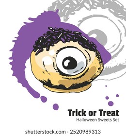 Trick or Treat Halloween Style Sweets Set. Colorful pastries, ginger cookies and sweets on white background. Engraved style vector artwork. Funny illustration for cafe menu, ads, poster.