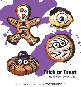 Trick or Treat Halloween Style Sweets Set. Colorful pastries, ginger cookies and sweets on white background. Engraved style vector artwork. Funny illustration for cafe menu, ads, poster.