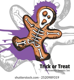 Trick or Treat Halloween Style Sweets Set. Colorful pastries, ginger cookies and sweets on white background. Engraved style vector artwork. Funny illustration for cafe menu, ads, poster.