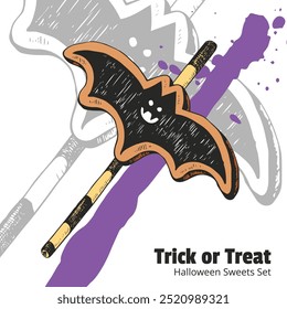 Trick or Treat Halloween Style Sweets Set. Colorful pastries, ginger cookies and sweets on white background. Engraved style vector artwork. Funny illustration for cafe menu, ads, poster.