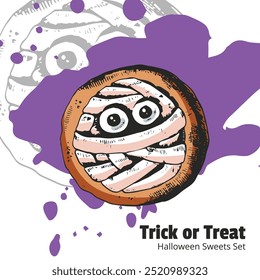 Trick or Treat Halloween Style Sweets Set. Colorful pastries, ginger cookies and sweets on white background. Engraved style vector artwork. Funny illustration for cafe menu, ads, poster.