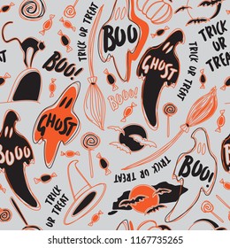 Trick or Treat Halloween Symbols in Black and Orange Seamless Pattern on Grey Background. Ghosts and Bats