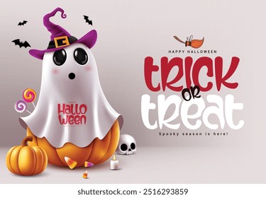 Truco o trato de diseño de Vector de texto de halloween. Tarjeta de felicitación de Halloween con personaje de calabaza fantasma con traje de sombrero de bruja en fondo estacional espeluznante . Ilustración vectorial horror Kids Party 