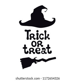 Trick or treat. Halloween theme. Handdrawn lettering phrase with witch hat. Design element for Halloween. Vector handwritten calligraphy quote