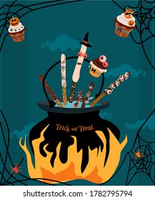 Trick or treat halloween tradition. Collect candies. Black magic witches cauldron is on bonfire. Boiler with chocolate covered pretzels, cupcakes, muffins with Marzipan Pumpkins, spiders.Scary night