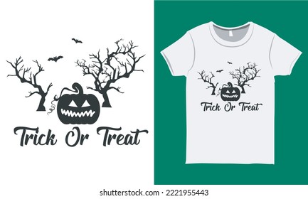 Trick or Treat Halloween T-shirt. Halloween with Scary Pumpkin, Trees, Bats  Vector. 	
