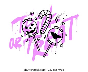 Trick or treat - Halloween urban graffiti slogan print. Caramel, candy, lollipop on a white background. Graffiti in the grunge style. Hand lettering. For tee t-shirt or sweatshirt. Vector illustration