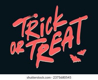 Trick or treat - Halloween urban graffiti slogan print. Red letters and bats on a black background. Graffiti in the grunge style. Hand lettering. For tee t-shirt or sweatshirt. Vector illustration.