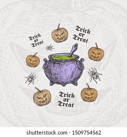 Trick or Treat Halloween Vector Background or Card Template. Hand Drawn Withc Cauldron with Potion and Pumpkins with Spider Sketch and Vintage Typography. Holiday Decorative Composition. Isolated.