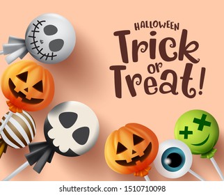 Trick or treat halloween vector background design. Halloween trick or treat text with space for message and scary candy lollipop elements in orange background. Vector illustration.