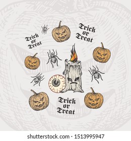 Trick or Treat Halloween Vector Background or Card Template. Hand Drawn Spooky Eye, Candle and Pumpkins with Spider Sketch and Vintage Typography. Holiday Decorative Composition. Isolated.