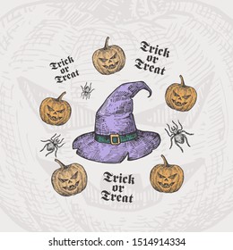 Trick or Treat Halloween Vector Background or Card Template. Hand Drawn Witch Hat and Pumpkins with Spider Sketch and Vintage Typography. Holiday Decorative Composition. Isolated.