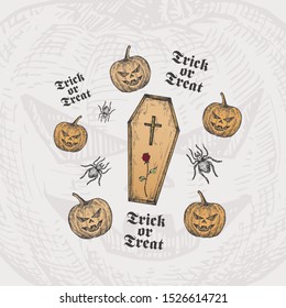 Trick or Treat Halloween Vector Background or Card Template. Hand Drawn Coffin with Cross and Rose and Pumpkins with Spider Sketch and Vintage Typography. Holiday Decorative Composition. Isolated.