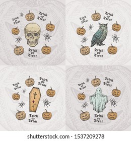 Trick or Treat Halloween Vector Background or Card Templates Set. Hand Drawn Scull, Pumpkins, Owl, Coffin and Ghost Sketchs and Vintage Typography. Holiday Decorative Composition. Isolated.