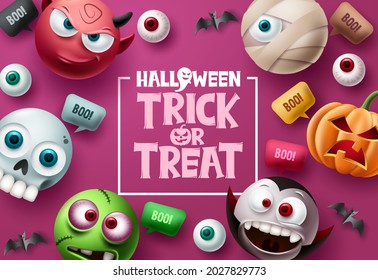 Trick or treat halloween vector background design. Halloween trick or treat text in pink space with cute, scary and spooky mascot characters with speech bubbles elements. Vector illustration.