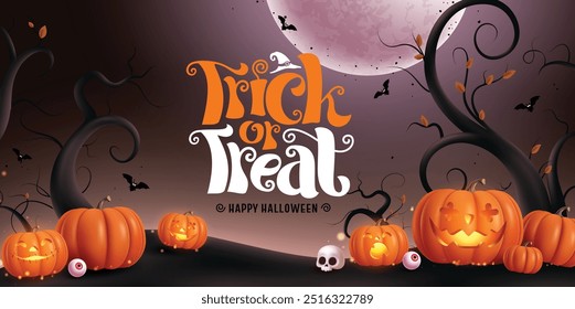 Truco o trato de diseño de fondo de Vector de halloween. Truco o trato de texto de saludo con jota o elemento de calabazas de linterna en lindo, divertido, espeluznante y espeluznante expresiones faciales noche completa tumba patio