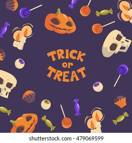 Trick or treat. Halloween vector background. Hand drawn illustration with pumpkins, skulls, candles and sweets