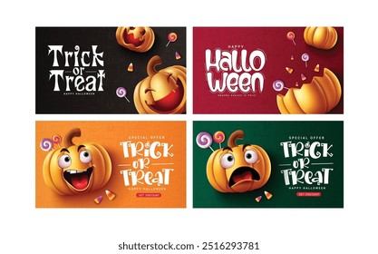 Truco o trato de halloween Vector Anuncio set diseño. Texto de felicitación de Halloween y colección de tarjeta de descuento de venta con personajes de calabazas para la Plantilla de volantes de vacaciones. Invitación de terror de Ilustración vectorial