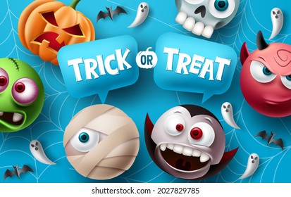 Trick or treat halloween vector design. Halloween character elements with trick or treat typography text in speech bubbles space for cute and scary mascot celebration. Vector illustration.